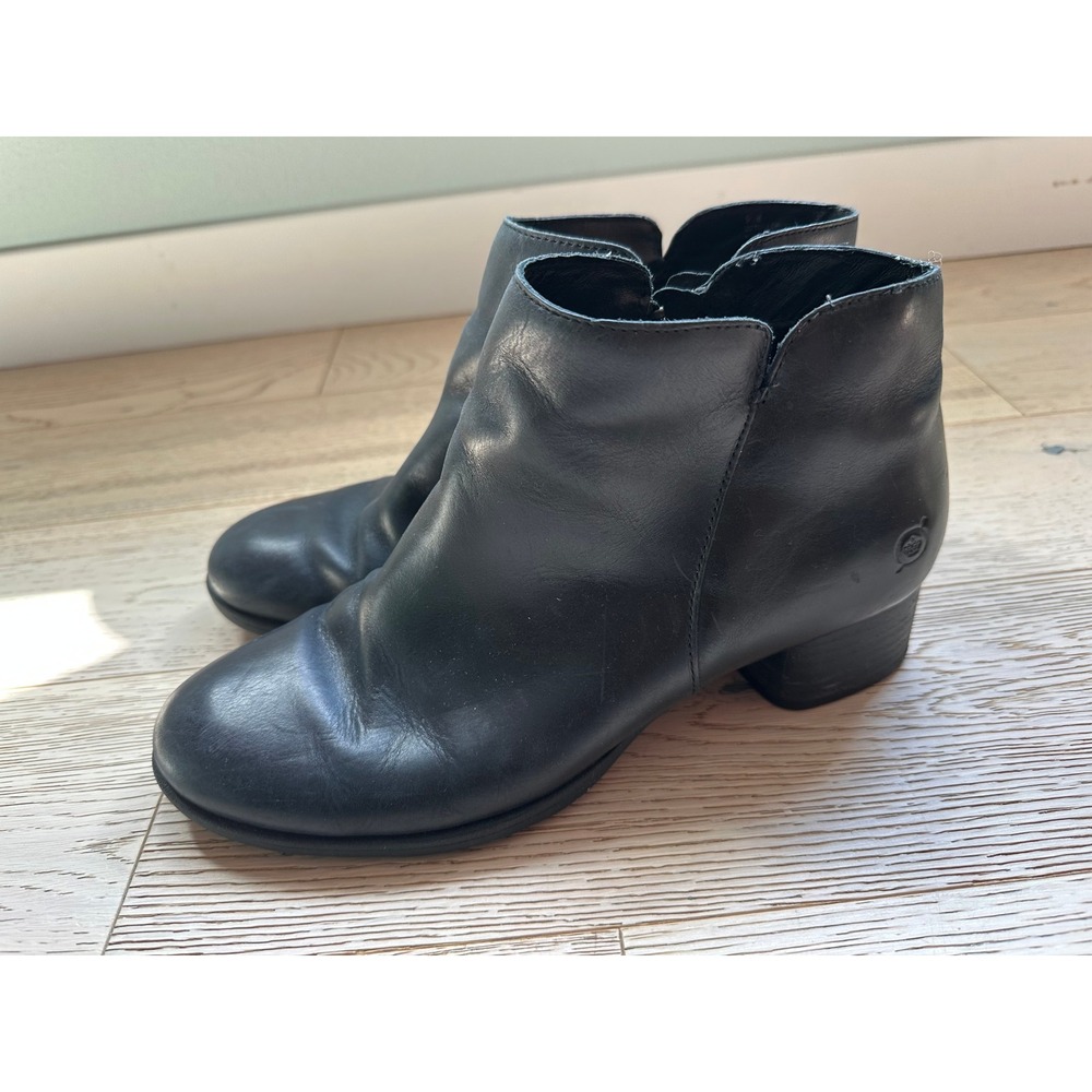 Born Womens Black Leather Ankle Boots Round Toe Side Zip Block Heel Booties